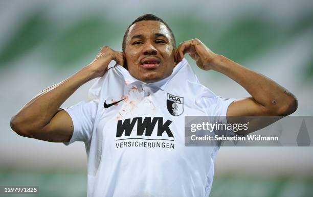Felix Uduokhai of Augsburg reacts during the Bundesliga match between FC Augsburg and 1. FC Union Berlin at WWK-Arena on January 23, 2021 in...