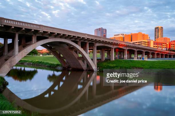 sunglow, north henderson street bridge, clear fork trinity river, fort worth, skyline, sunset, texas, america - fort worth stock pictures, royalty-free photos & images