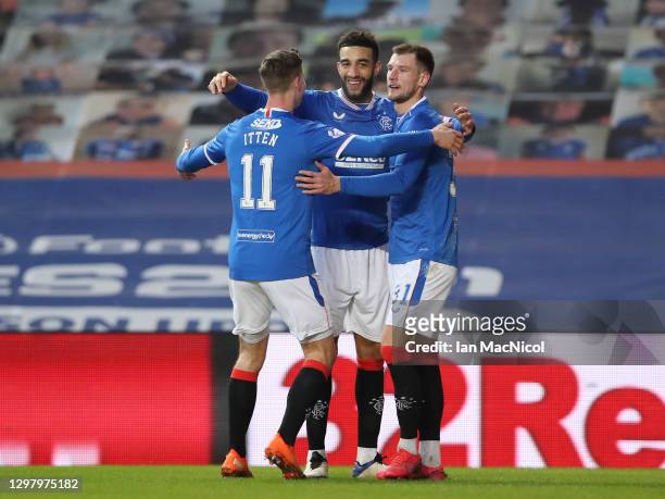 Connor Goldson of Rangers celebrates with team mates Cedric Itten and Borna Barisic after scoring their side's fifth goal during the Ladbrokes...
