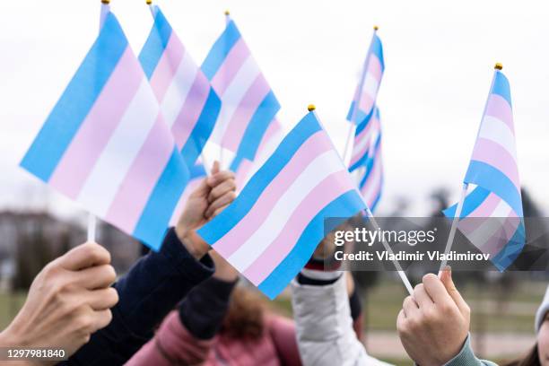 menschen mit transgender-flaggen - transgender stock-fotos und bilder