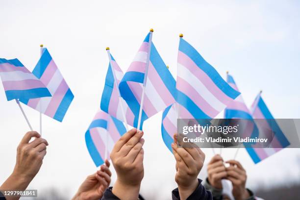transgender flags holding by people on a demontration - transgender symbol stock pictures, royalty-free photos & images