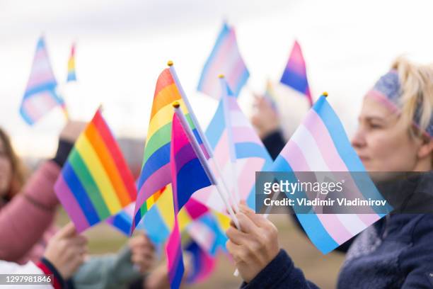 het protest van de trots - gay flag stockfoto's en -beelden
