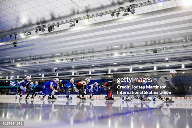 Claudia Pechstein of Germany leads the pack in the Ladies Mass Start during day 2 of the ISU World Cup Speed Skating at Thialf on January 23, 2021 in...