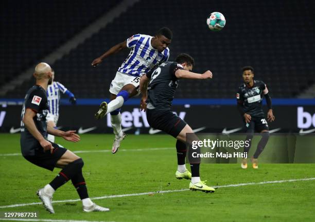 Jhon Cordoba of Hertha Berlin scores their team's first goal during the Bundesliga match between Hertha BSC and SV Werder Bremen at Olympiastadion on...