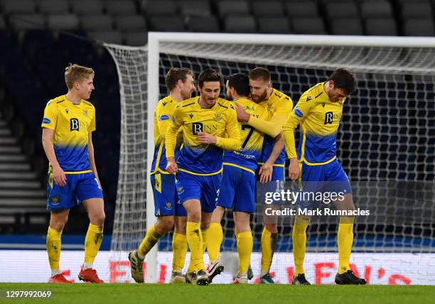 Craig Conway of St Johnstone celebrates with team mates after scoring their side's third goal during the Betfred Cup Semi-Final match between St...