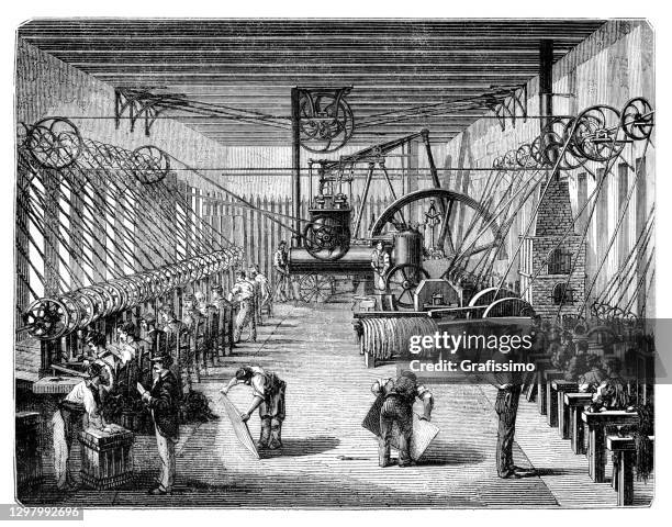 stockillustraties, clipart, cartoons en iconen met mensen die in antieke de rollende molensfabriek 1873 van de bank werken - factory worker black and white