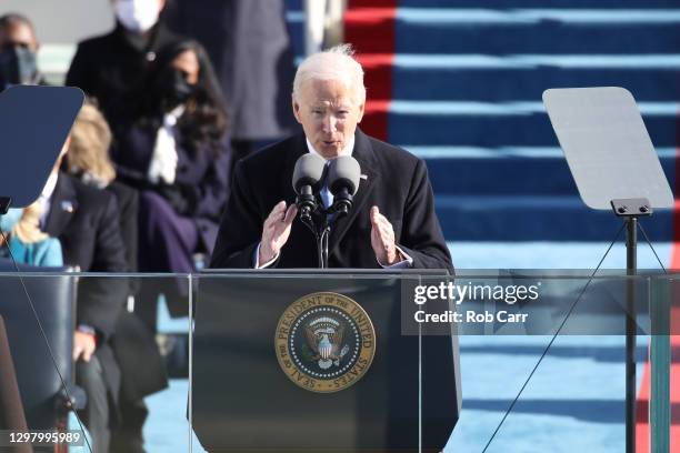 President Joe Biden delivers his inaugural address on the West Front of the U.S. Capitol on January 20, 2021 in Washington, DC. During today's...