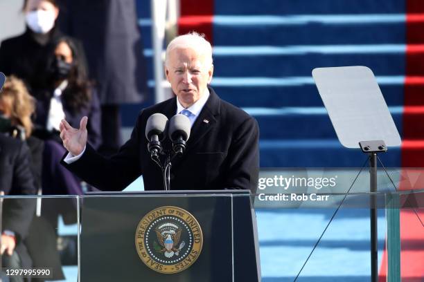 President Joe Biden delivers his inaugural address on the West Front of the U.S. Capitol on January 20, 2021 in Washington, DC. During today's...