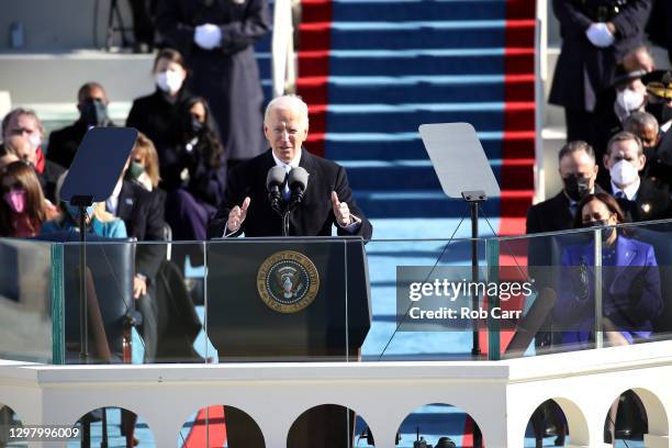 President Joe Biden delivers his inaugural address on the West Front of the U.S. Capitol on January 20, 2021 in Washington, DC. During today's...