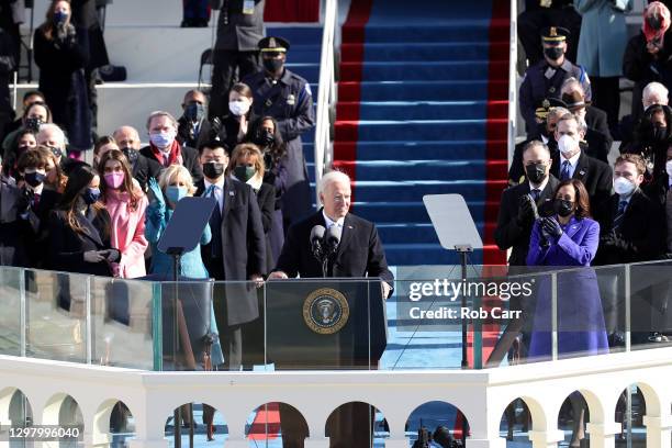 President Joe Biden delivers his inaugural address on the West Front of the U.S. Capitol on January 20, 2021 in Washington, DC. During today's...