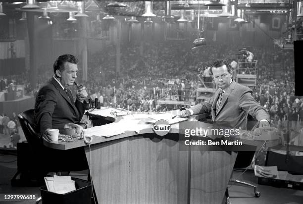 Chet Huntley and David Brinkley broadcasting for NBC at the GOP Convention in Miami Beach Convention Center in Miami Beach, Florida, August 1968.