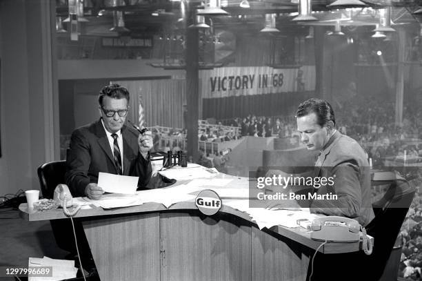 Chet Huntley and David Brinkley broadcasting for NBC at the GOP Convention in Miami Beach Convention Center in Miami Beach, Florida, 1968.