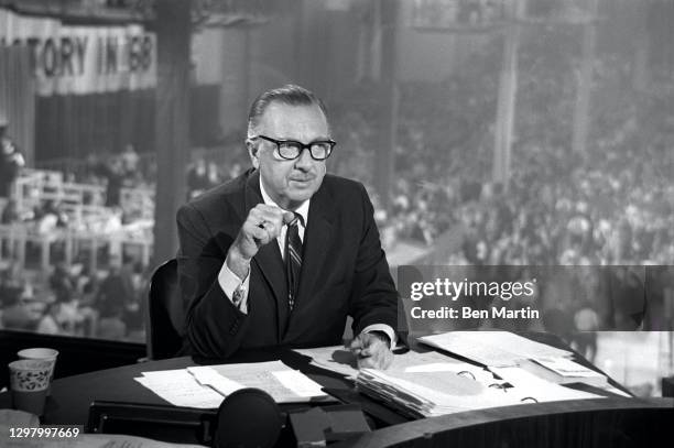 Walter Cronkite broadcasting for CBS at the GOP Convention in Miami Beach Convention Center in Miami Beach, Florida, 1968.