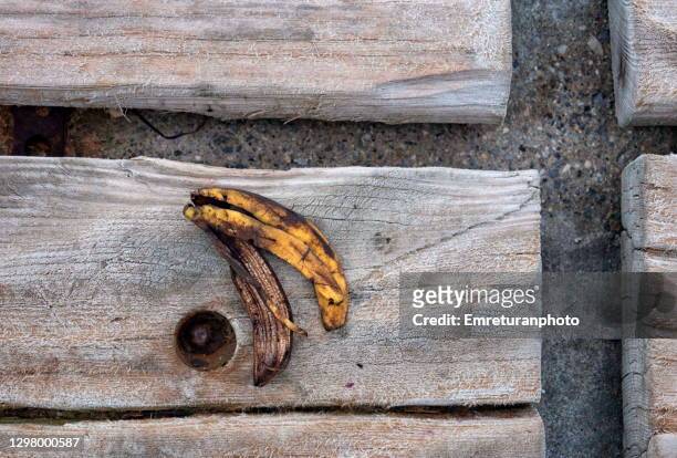 decaying banana peel on a wooden bench. - emreturanphoto stock pictures, royalty-free photos & images