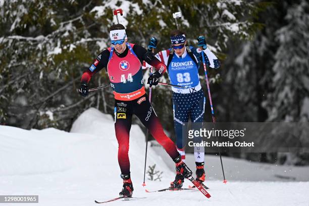 Sturla Holm Laegreid of Norway competes during the Men 20 km Individual Competition at the BMW IBU World Cup Biathlon Antholz-Anterselva at on...