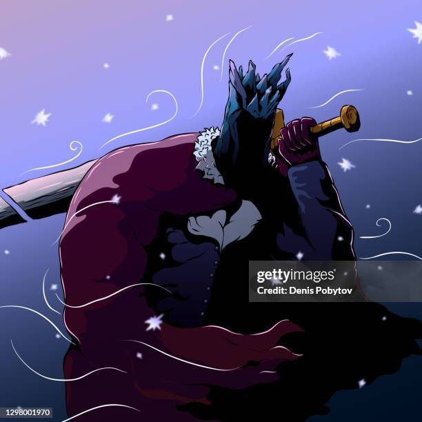 handgezeichnete dunkle fantasie illustration - könig oder ritter mit schwert und mantel. - schwert stein stock-grafiken, -clipart, -cartoons und -symbole
