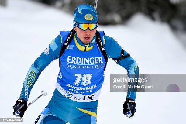 Alexandr Mukhin of Kazakhstan competes during the Men 20 km Individual Competition at the BMW IBU World Cup Biathlon Antholz-Anterselva at on January...