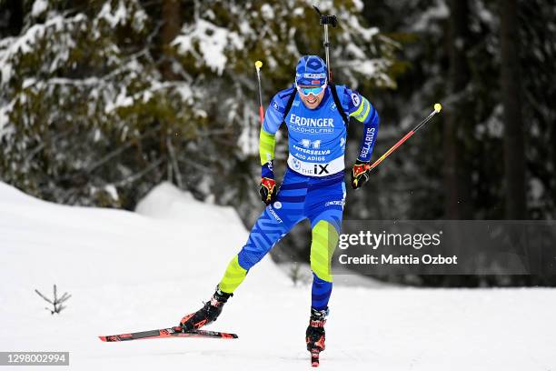 Sergey Bocharnikov of Belarus competes during the Men 20 km Individual Competition at the BMW IBU World Cup Biathlon Antholz-Anterselva at on January...