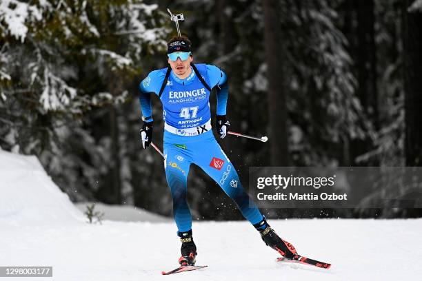 Emilien Jacquelin of France competes during the Men 20 km Individual Competition at the BMW IBU World Cup Biathlon Antholz-Anterselva at on January...