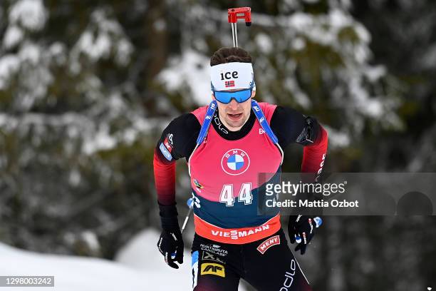 Sturla Holm Laegreid of Norway competes during the Men 20 km Individual Competition at the BMW IBU World Cup Biathlon Antholz-Anterselva at on...