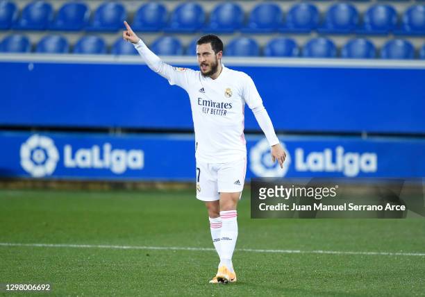 Eden Hazard of Real Madrid celebrates after scoring their team's third goal during the La Liga Santander match between Deportivo Alaves and Real...