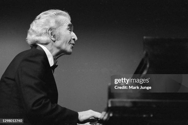 Dave Brubeck plays the piano with his jazz quartet in concert at the Cheyenne Civic Center on November 1, 1986 in Cheyenne, Wyoming.