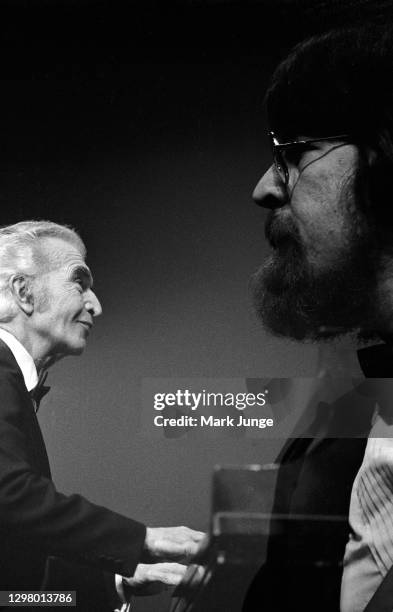 Dave Brubeck plays the piano while his son, Chris, plays the electric bass during the Dave Brubeck Jazz Quartet concert at the Cheyenne Civic Center...