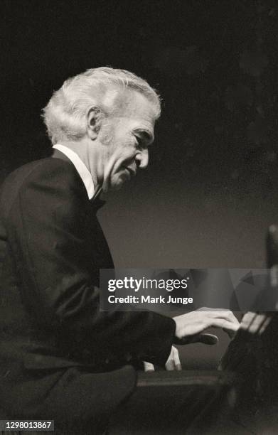 Dave Brubeck plays the piano while his jazz quartet performs in concert at the Cheyenne Civic Center on November 1, 1986 in Cheyenne, Wyoming.