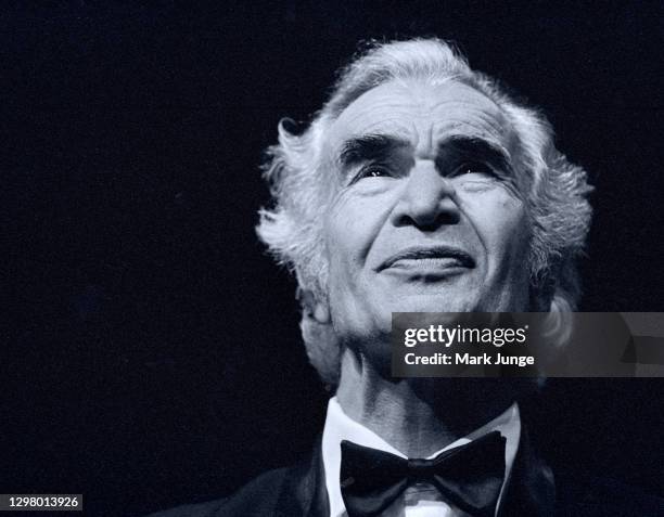 Dave Brubeck faces the audience during his Brubeck Jazz Quartet concert performance at the Cheyenne Civic Center on November 1, 1986 in Cheyenne,...