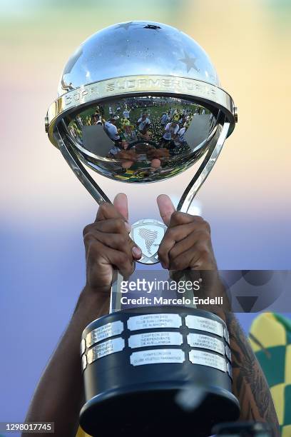 Detail of the champions trophy after the final of Copa CONMEBOL Sudamericana 2020 between Lanús and Defensa y Justicia at Mario Alberto Kempes...