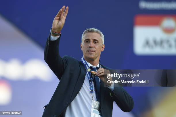 Hernan Crespo coach of Defensa y Justicia celebrates after the final of Copa CONMEBOL Sudamericana 2020 between Lanús and Defensa y Justicia at Mario...