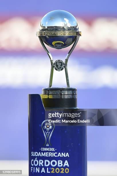 Detail of champions trophy after the final of Copa CONMEBOL Sudamericana 2020 between Lanús and Defensa y Justicia at Mario Alberto Kempes Stadium on...