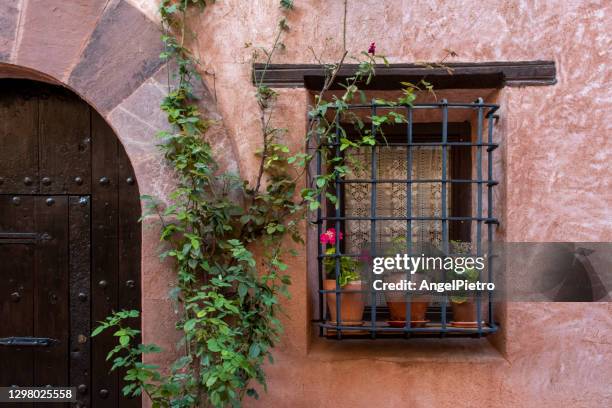 a window and a door decorated with flowers and plants. - parete rocciosa foto e immagini stock