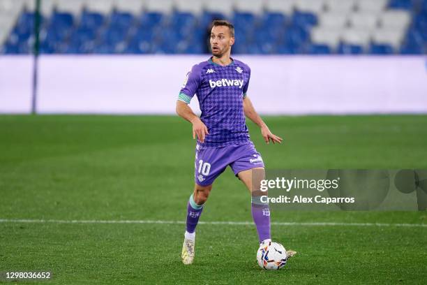 Sergio Canales of Real Betis runs with the ball during the La Liga Santander match between Real Sociedad and Real Betis at Reale Arena on January 23,...