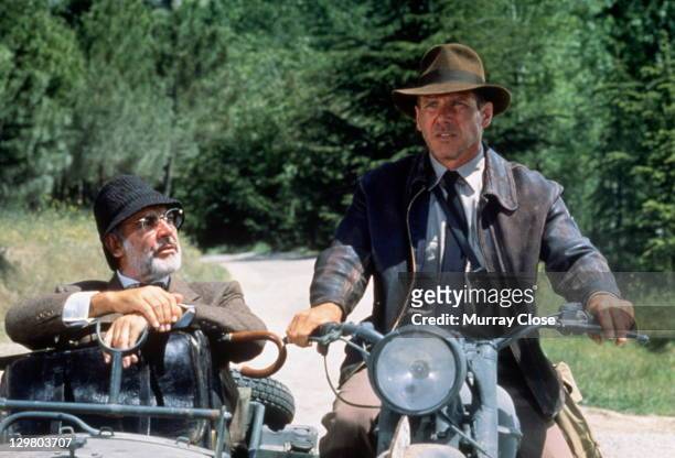 American actor Harrison Ford as the eponymous archaeologist and Scottish actor Sean Connery as his father Henry Jones during the motorcycle chase...