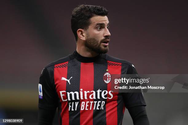 Mateo Musacchio of AC Milan reacts during the Serie A match between AC Milan and Atalanta BC at Stadio Giuseppe Meazza on January 23, 2021 in Milan,...