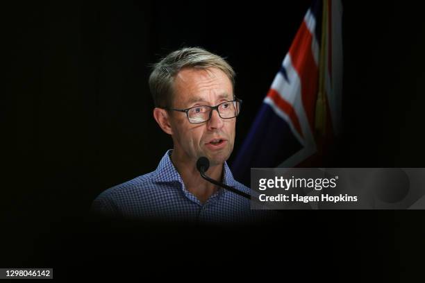 Director-General of Health Dr Ashley Bloomfield speaks to media during a press conference at Parliament on January 24, 2021 in Wellington, New...