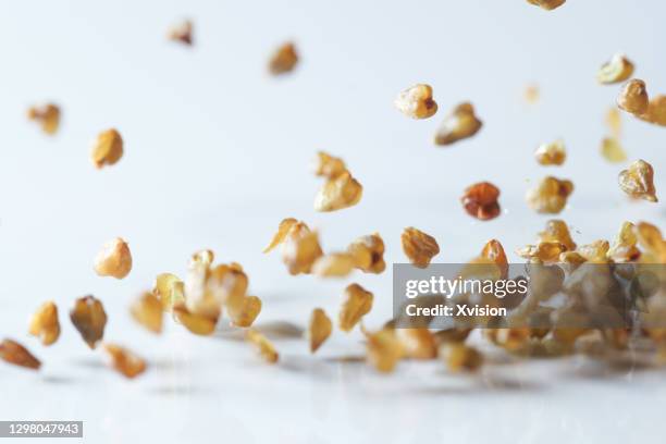 tartary buckwheat flying in mid air in white background - tartary buckwheat stock pictures, royalty-free photos & images