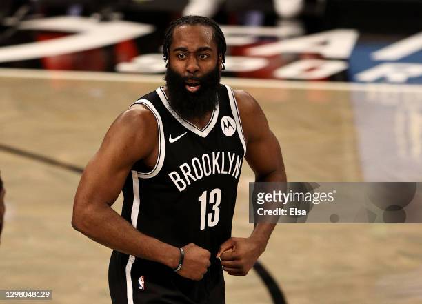 James Harden of the Brooklyn Nets celebrates in the fourth quarter against the Miami Heat at Barclays Center on January 23, 2021 in New York...
