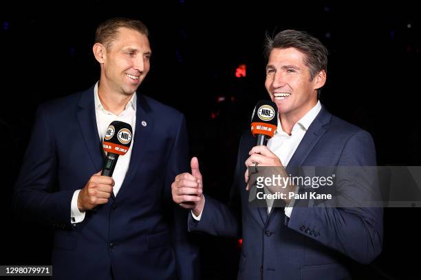 Commentators Shawn Redhage and Damian Martin talk to camera during the round two NBL match between the Perth Wildcats and the South East Melbourne...