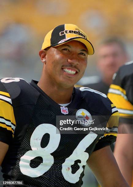 Wide receiver Hines Ward of the Pittsburgh Steelers smiles as he looks on from the sideline during a preseason game against the Detroit Lions at...