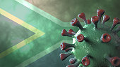 Covid south africa variant, covid-19 virus with african green flag.