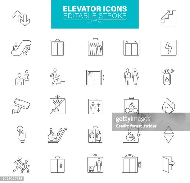 elevator icons editable stroke - eingangshalle gebäudeteil stock-grafiken, -clipart, -cartoons und -symbole