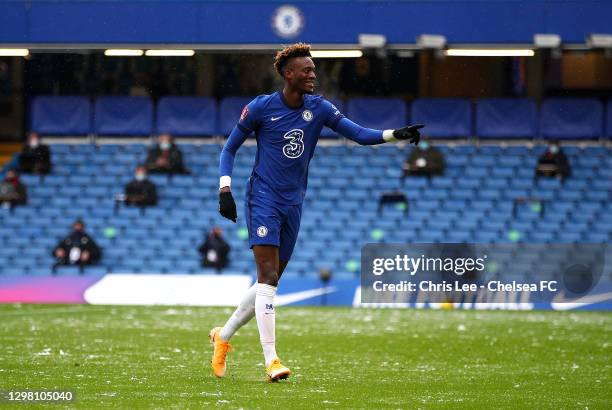 Tammy Abraham of Chelsea celebrates after scoring their sides first goal during The Emirates FA Cup Fourth Round match between Chelsea and Luton Town...