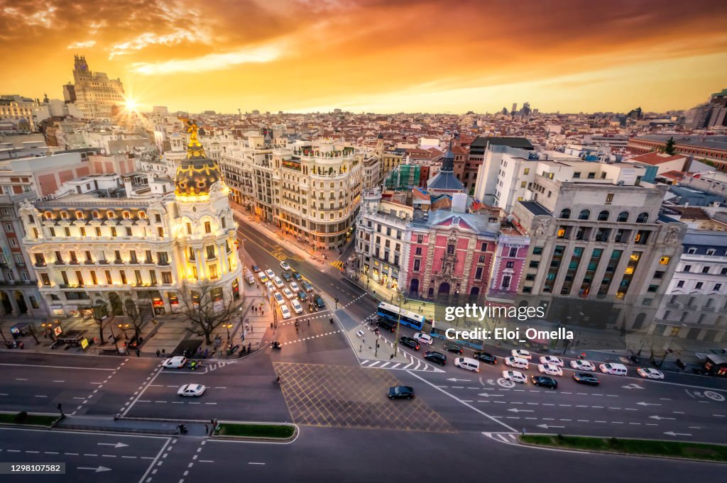 Aerial view and skyline of Madrid at sunset. Spain. Europe