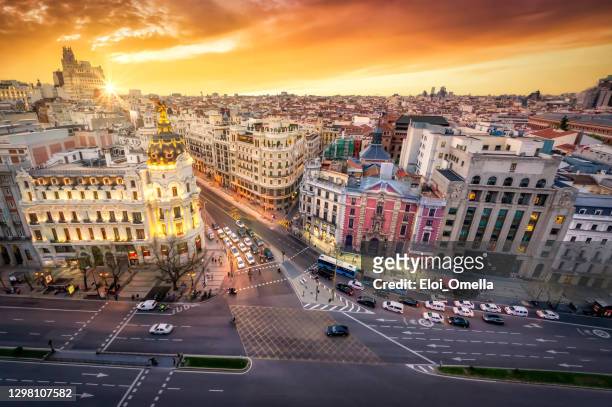 aerial view and skyline of madrid at sunset. spain. europe - madrid stock pictures, royalty-free photos & images