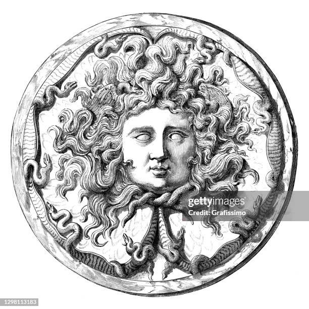 kopf der medusa zeichnung 1872 - griechische kultur stock-grafiken, -clipart, -cartoons und -symbole