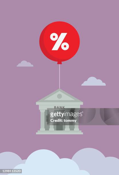 bank float in the sky by a percentage symbol balloon - economic freedom stock illustrations