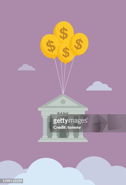 米ドルのシンボルバルーンで空に浮かぶ銀行 - bank statement点のイラスト素材／クリップアート素材／マンガ素材／アイコン素材