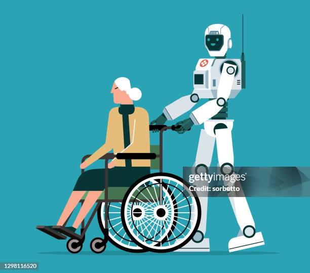 robot pushing wheelchair - females - senior woman stock illustrations